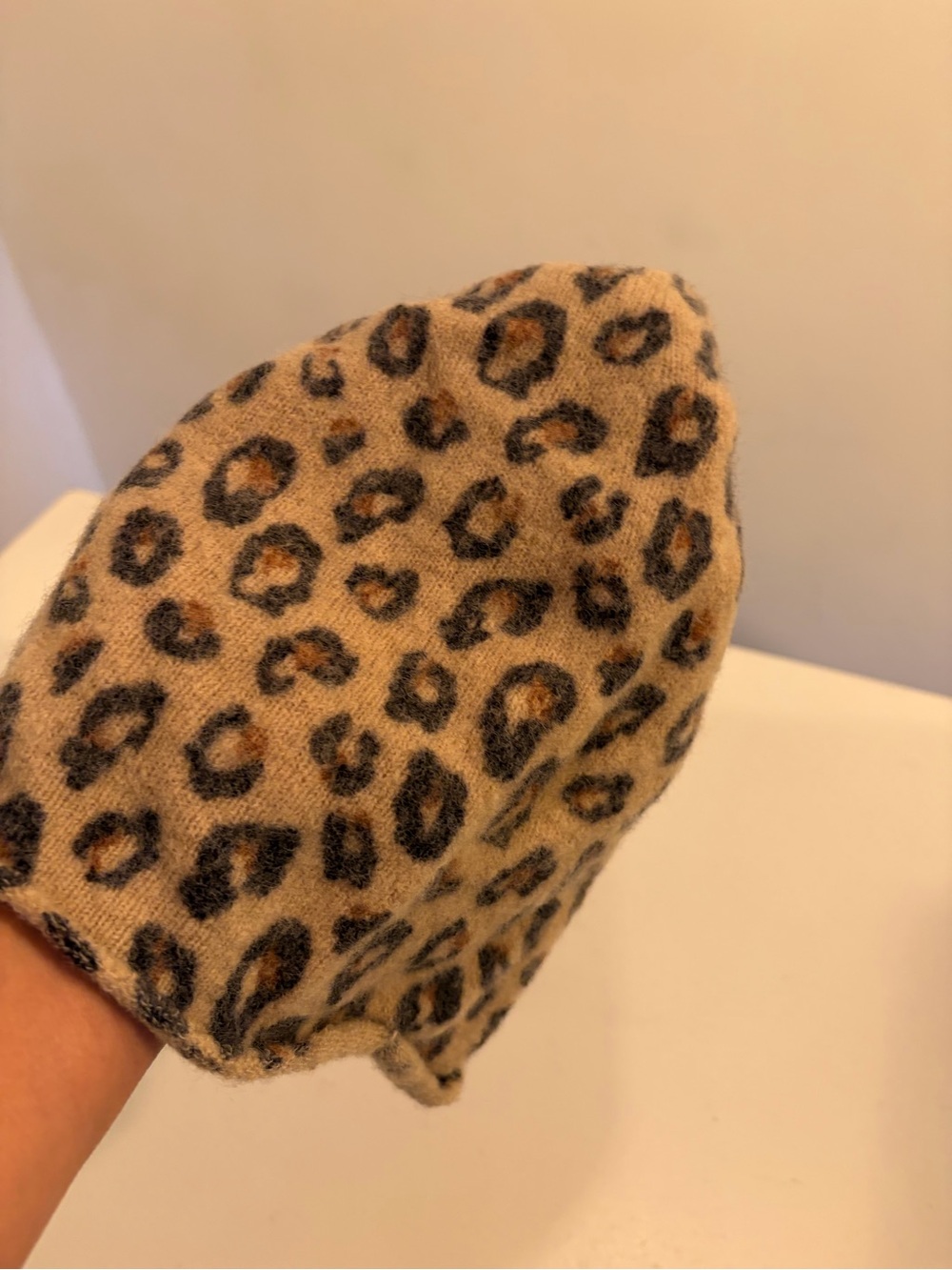 Leopard Print Soft Fuzzy Knit Beanie – Tan Brown Animal Print Winter Hat - Picture 3 of 4